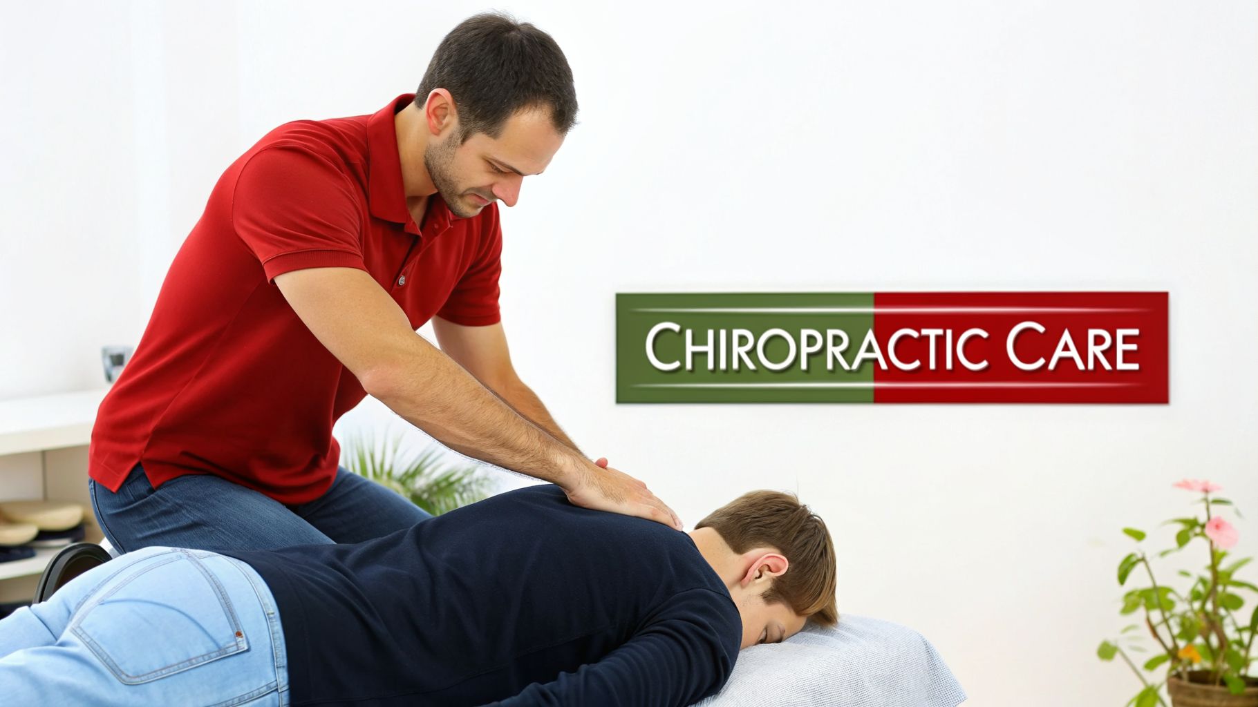 A chiropractor adjusts a patient's back on a treatment table, promoting chiropractic care.
