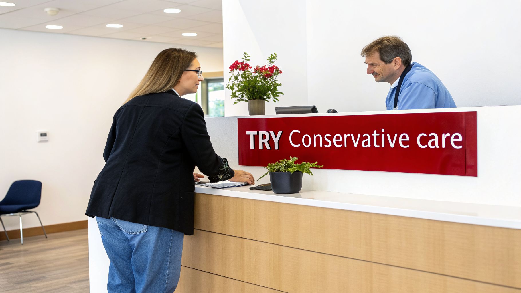 A woman speaks to a medical professional at a reception desk with a 'TRY Conservative Care' sign.