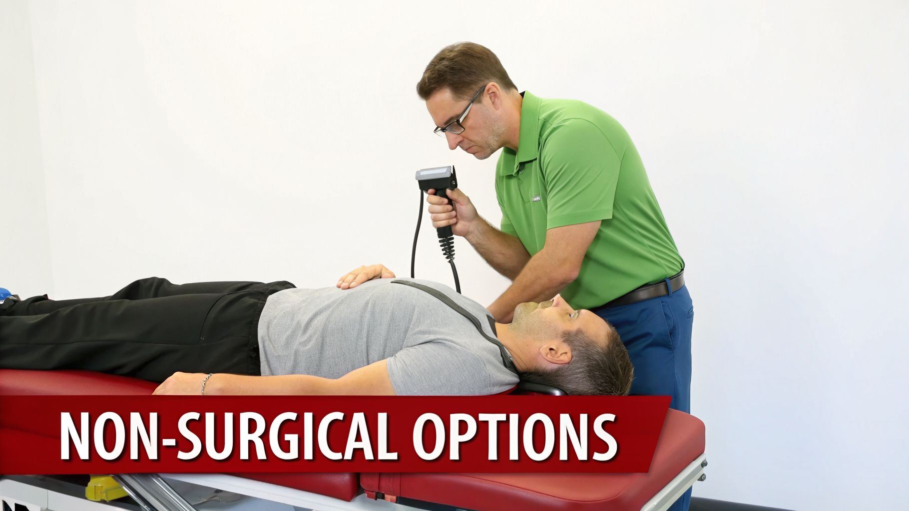 A practitioner performs a non-surgical neck treatment on a patient lying on a red examination table, highlighting alternatives.